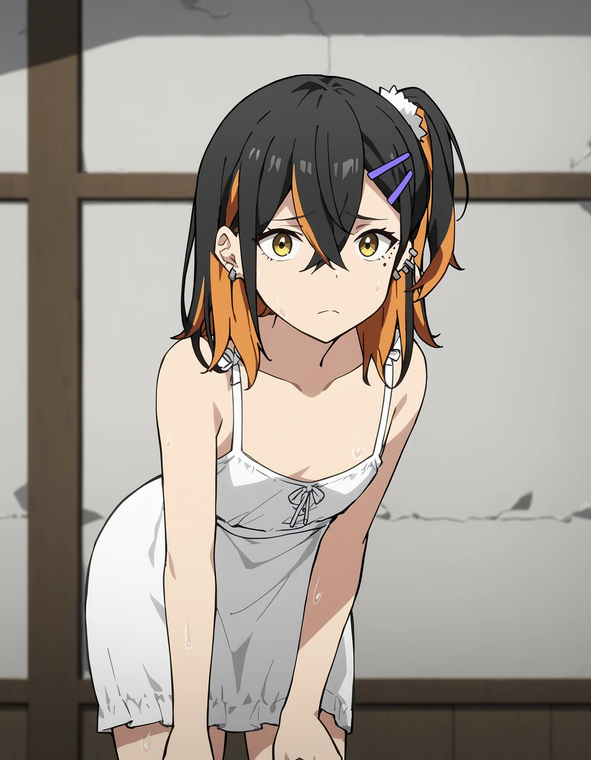 score_9,score_8_up,score_7_up,simple background,(sundress:1.2),looking at viewer,thighs,
<lora:naina_pony:0.5>,naina,1girl,solo,black hair,multicolored hair,hairclip,hair ornament,yellow eyes,blonde hair,mole under eye,mole,ear piercing,collarbone,medium hair,hair between eyes,piercing,bangs,orange hair,streaked hair,two-tone hair,jewelry,anime screencap,<lora:Anime_Screencap:1>,landscape,flat chest,ok,wet,sweat,shy,leaning_forward,