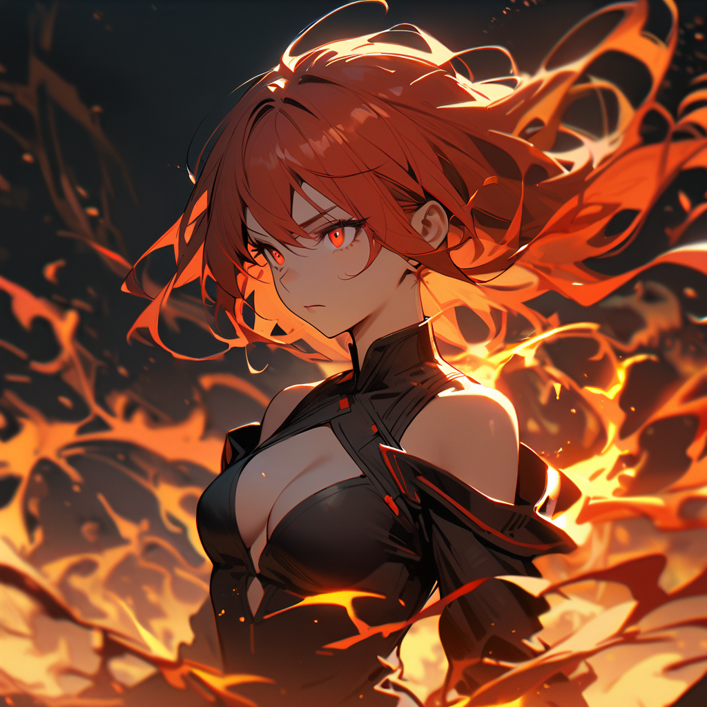 1girl,solo,fire,floating hair,bare shoulders,nose,fiery red hair,fiery red eyes,<lora:huoyanjingling_XL-000007:0.6>,medium breasts,cleavage,upper body,blcak jacket,