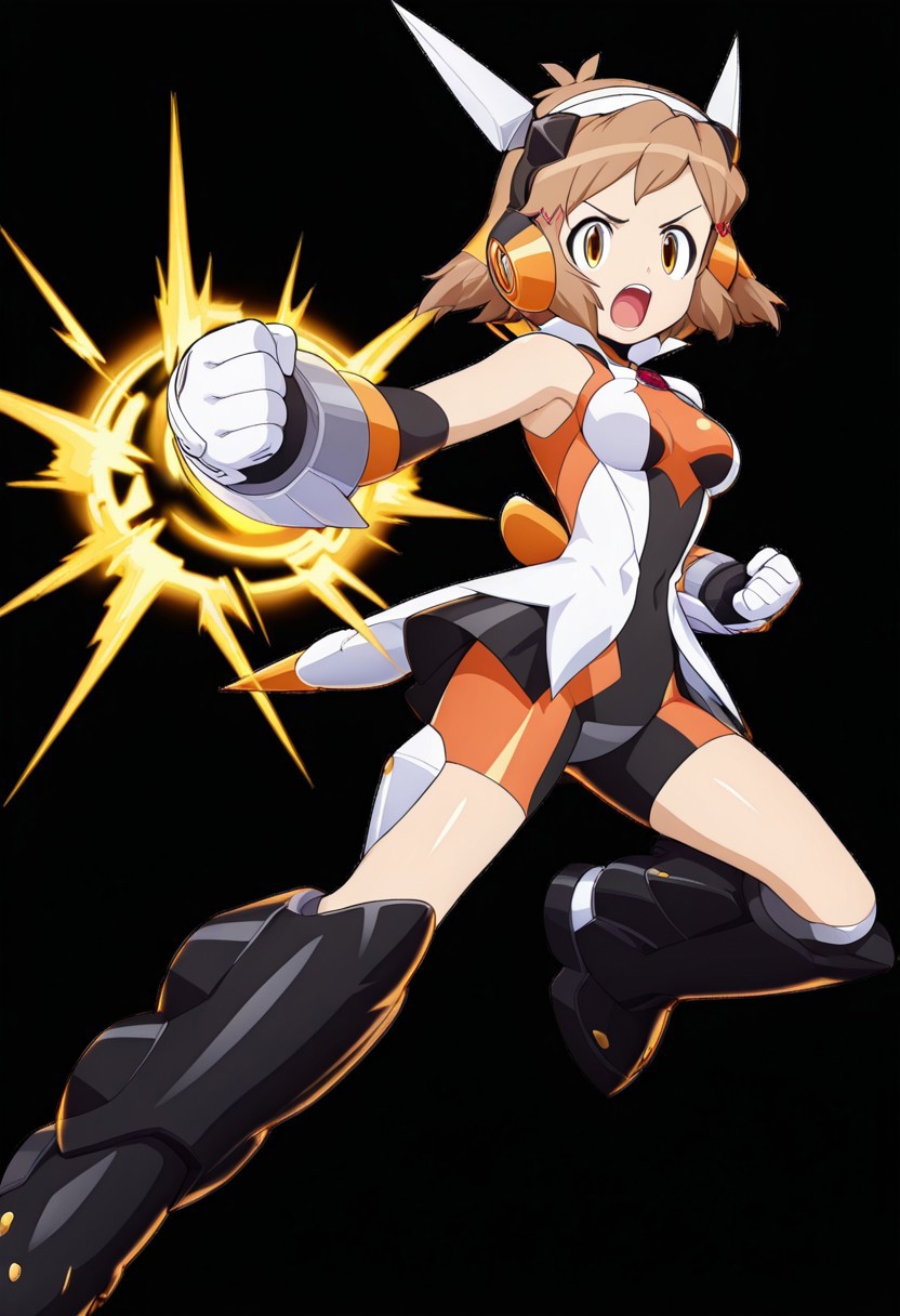 masterpiece, best quality, amazing quality, very aesthetic, absurdres, newest,shiny skin,, anime screenshot,  anime coloring,  <lora:TachibanaHibikiSeason1:1>short hair, 1girl, brown hair, solo, gungnirseason1, hair ornament, bodysuit, headphones, hairclip, headgear boots fighting stance,  looking at viewer,  simple background,  black background,   open mouth,  powering up,  clenched hands, looking at viewer, xdive,