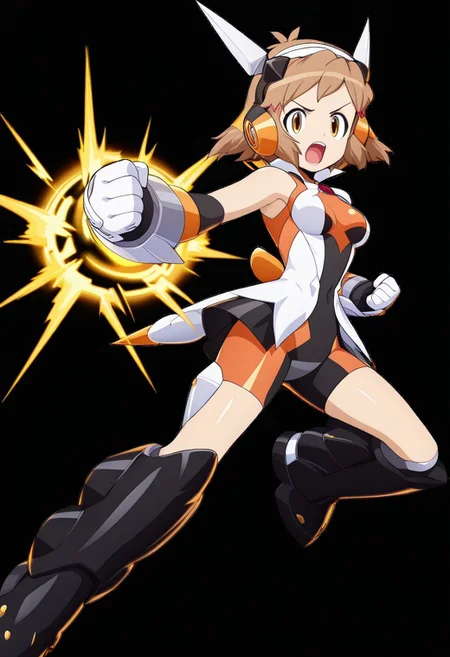 masterpiece, best quality, amazing quality, very aesthetic, absurdres, newest,shiny skin,, anime screenshot, anime coloring, <lora:TachibanaHibikiSeason1:1>short hair, 1girl, brown hair, solo, gungnirseason1, hair ornament, bodysuit, headphones, hairclip, headgear boots fighting stance, looking at viewer, simple background, black background, open mouth, powering up, clenched hands, looking at viewer, xdive,