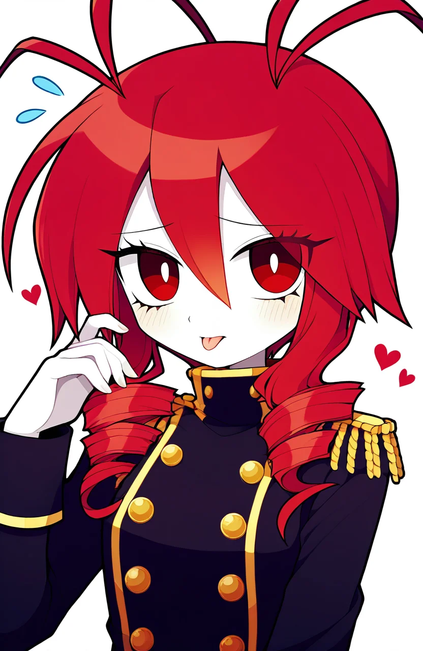 masterpiece,best quality,amazing quality,very aesthetic,absurdres,newest,score_9_up,(score_8_up),score_7_up,detailed face,detailed eyes,Highest Quality,perfect eyes,ultra-detailed,amazing quality,very aesthetic,perfect composition,intricate details,absurdres,<lora:Lobco:1>,lobco \(funamusea\),lobco,1girl,antenna hair,black jacket,double-breasted,drill hair,epaulettes,eyelashes,flying sweatdrops,hair between eyes,heart,high collar,jacket,long hair,military,military uniform,pale skin,red eyes,red hair,solo,tongue,tongue out,twin drills,uniform,upper body,white background,