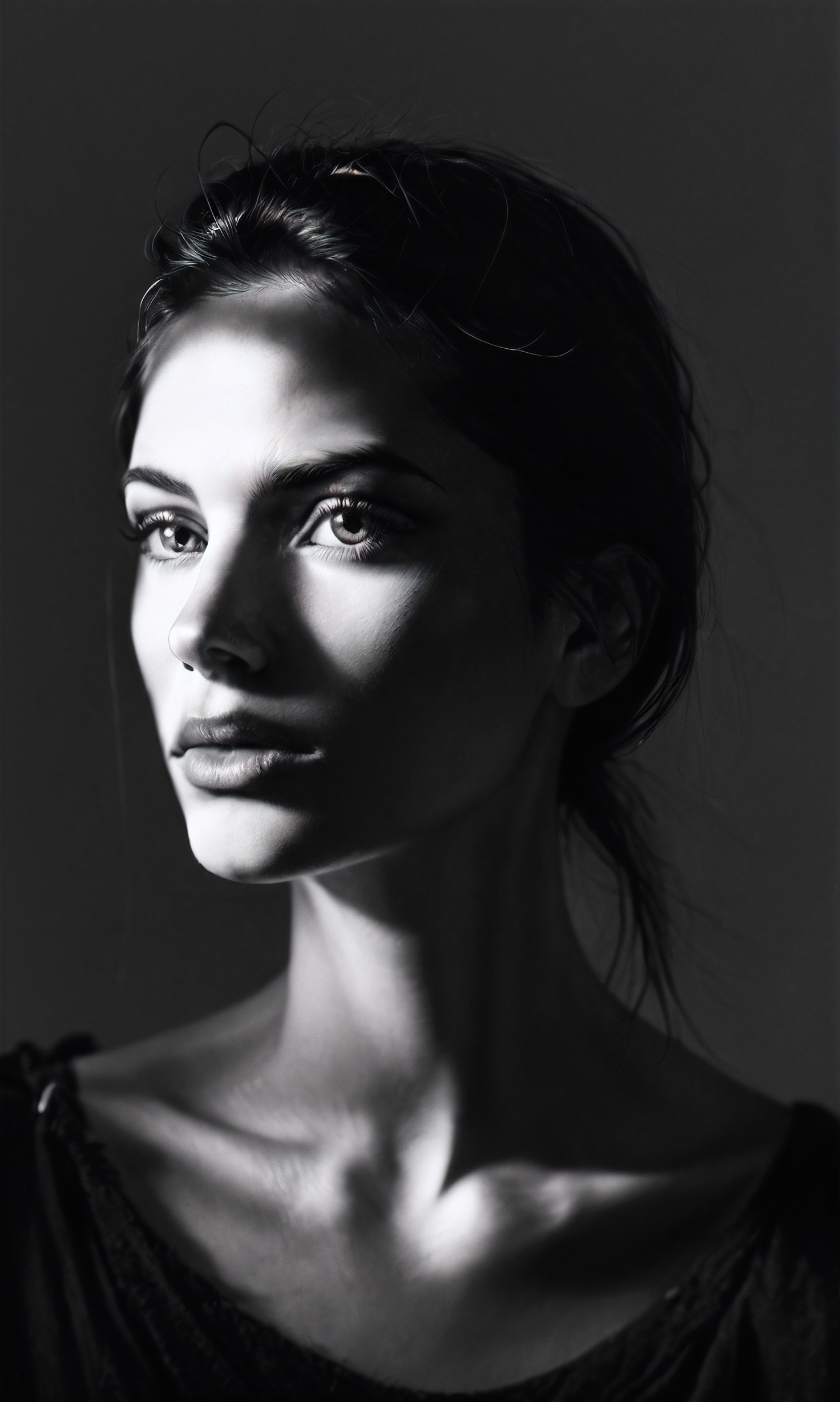 score_9, score_8_up, score_7_up, score_6_up, black and white photo <lora:DRKDL:0.9> DRKDL, low key, dramatic lighting, dark theme, 1girl, solo, realistic, portrait, lips, collarbone, looking at viewer,