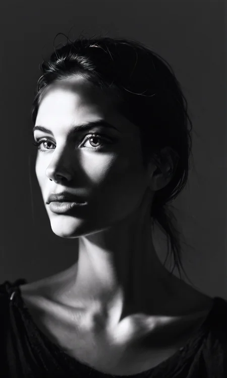 score_9, score_8_up, score_7_up, score_6_up, black and white photo <lora:DRKDL:0.9> DRKDL, low key, dramatic lighting, dark theme, 1girl, solo, realistic, portrait, lips, collarbone, looking at viewer,