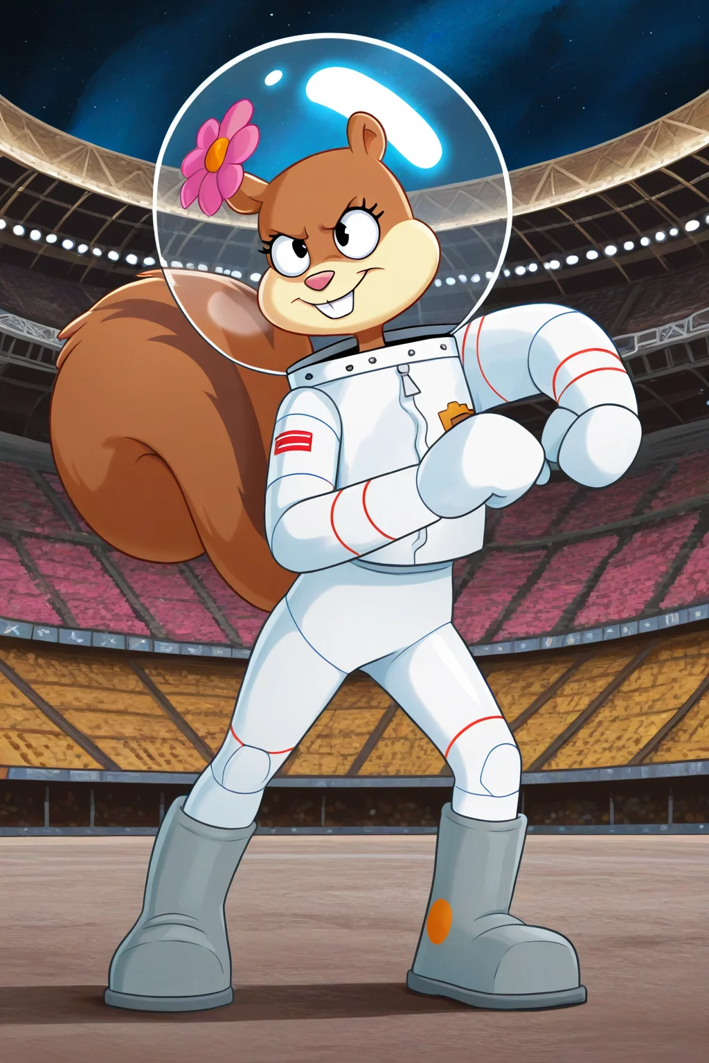 masterpiece, best quality, amazing quality, absurdres, sandycheeks, 1girl, furry female, brown fur, squirrel girl, squirrel tail, solo, smile, serious, confident, fighting stance, pink flower, space helmet, white spacesuit, grey boots, outdoors, stadium, arena, colosseum