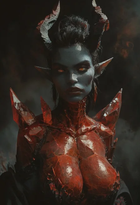score_9, score_8_up, score_7_up, score_6_up, demon, horns, crystal skin, large breasts, round breasts,