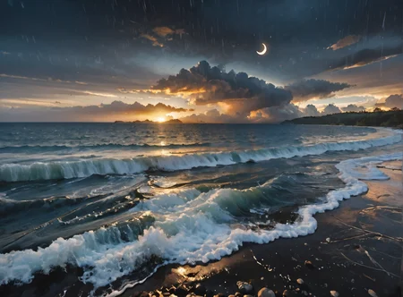 score_9, score_8_up, score_7_up, character focus,dutch angled, fist in the air, 1woman, pale skin, large breasts, black crop top, black platform boots, Black hair, white highlights, <lora:Blue_Scene:1> bluescene, river, ocean, lake, sunset, crescent moon, wet, rain, silhouette, bird, depth of field, landscape, cloud, real world location, swim, watercraft, A pier of stone, water of fire, a night sky of clear gleaming wonder,highly detailed