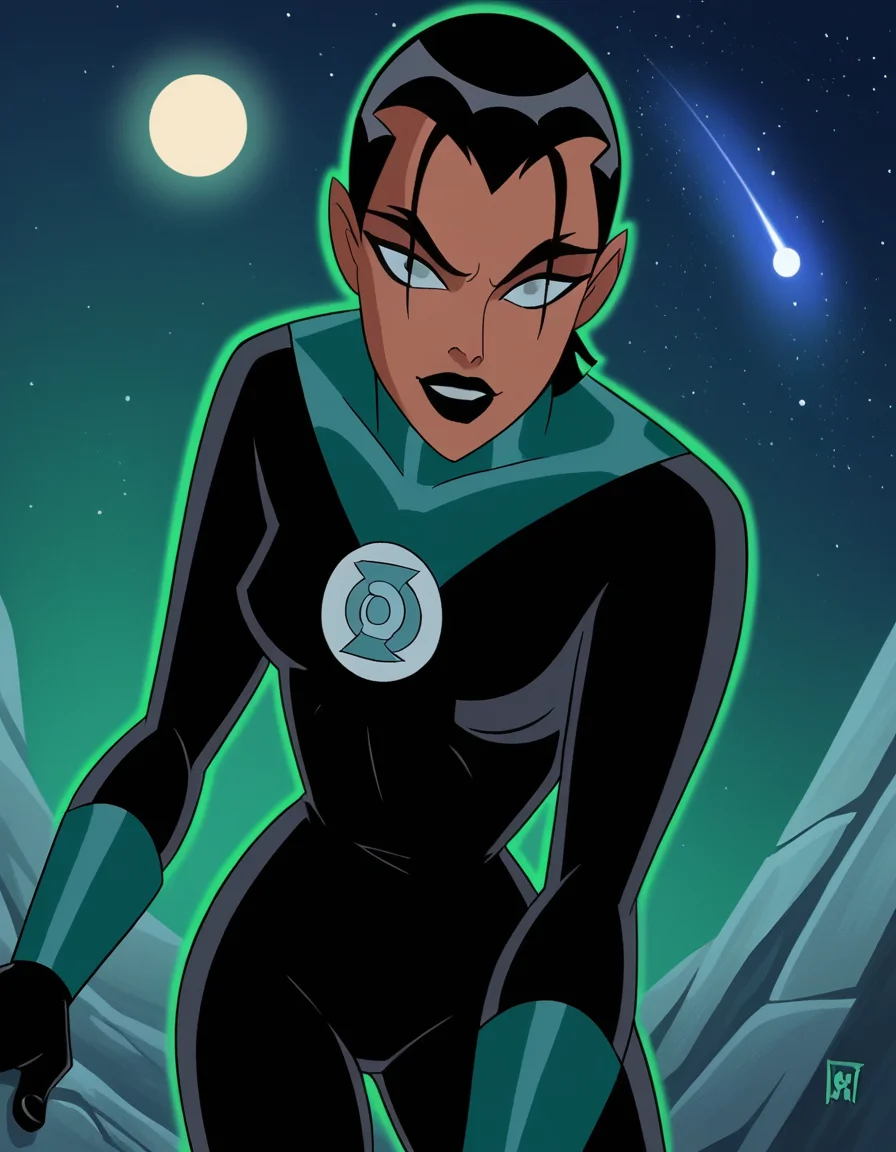 score_9, score_8_up, score_7_up, source_anime,
<lora:katma-tui-cartoon-ponyxl-lora-nochekaiser:1>, katma tui, hort hair, black hair, dark skin, dark-skinned female, makeup, lipstick, black lips,
gloves, bodysuit,
outdoors, space, moon, sun, starry sky, smile, bent over,
looking at viewer, cowboy shot, dutch angle, solo,