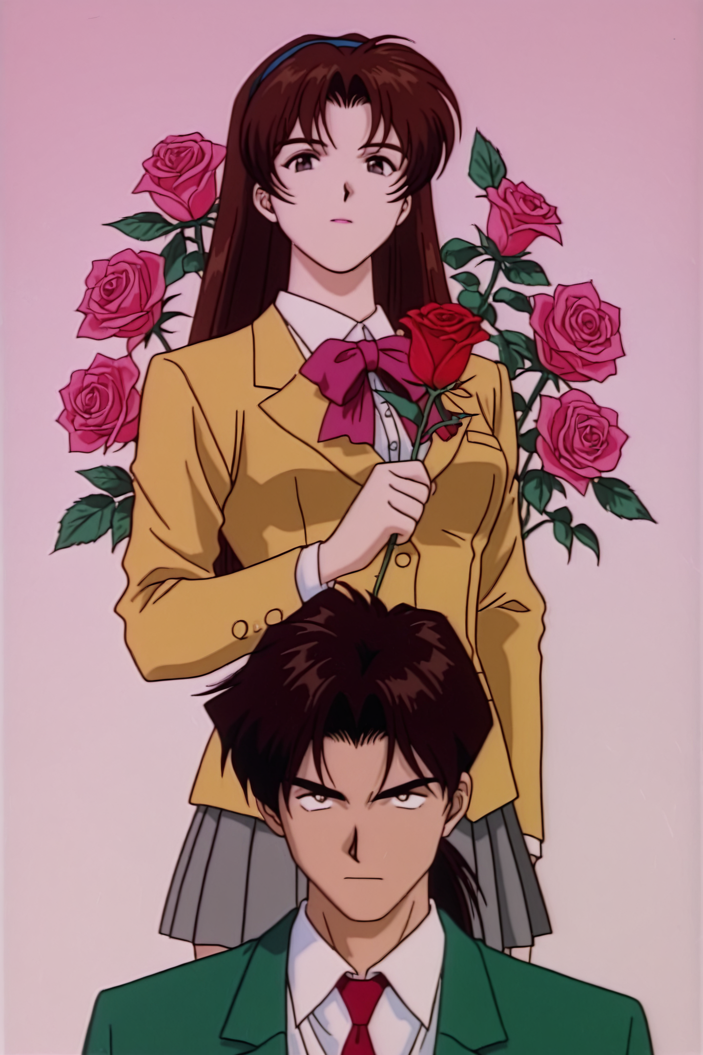 Kintaro Oe,1girl,Naoko Katsuda,1boy,necktie,school uniform,skirt,looking at viewer,black hair,flower,rose,shirt,ponytail,long hair,white shirt,jacket,1990s \(style\),
<lora:Golden Boy_illustriousXL:1>,