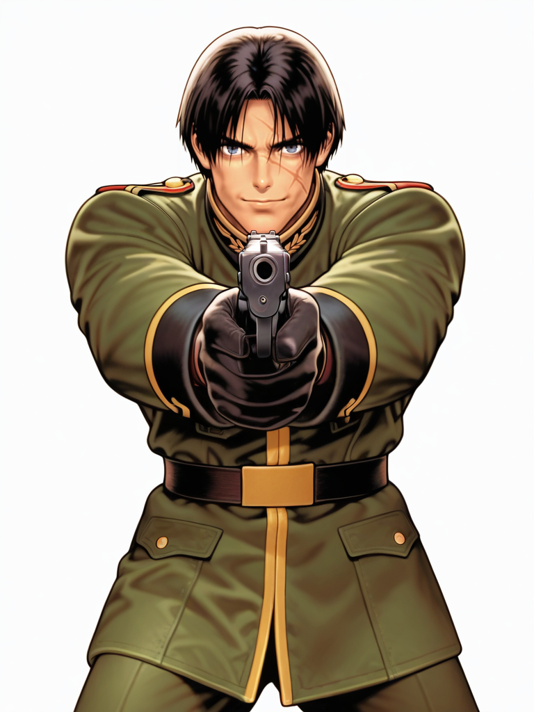 ShinkiroXL,, white background,,
1boy, balck hair, scar on face, military uniform, gloves, handgun, fighting stance, light smile,,
white background, looking at viewer, dynamic pose, cowboy shot,
<lora:AShinkiro_Style:1>