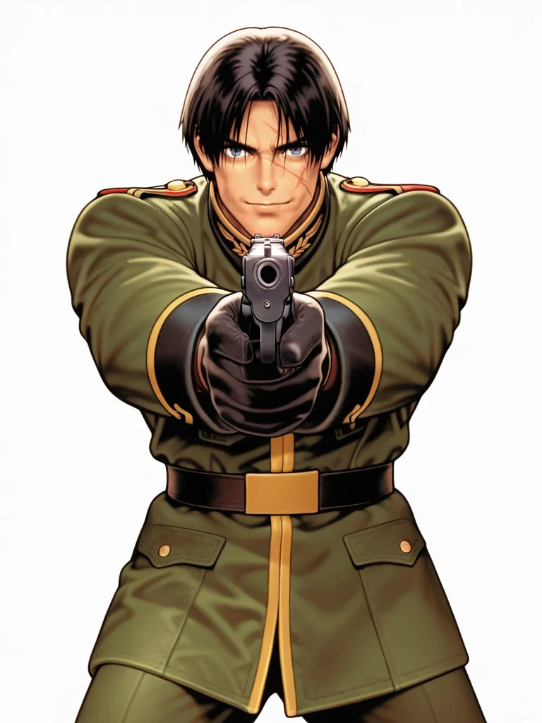 ShinkiroXL,, white background,,
1boy, balck hair, scar on face, military uniform, gloves, handgun, fighting stance, light smile,,
white background, looking at viewer, dynamic pose, cowboy shot,
<lora:AShinkiro_Style:1>