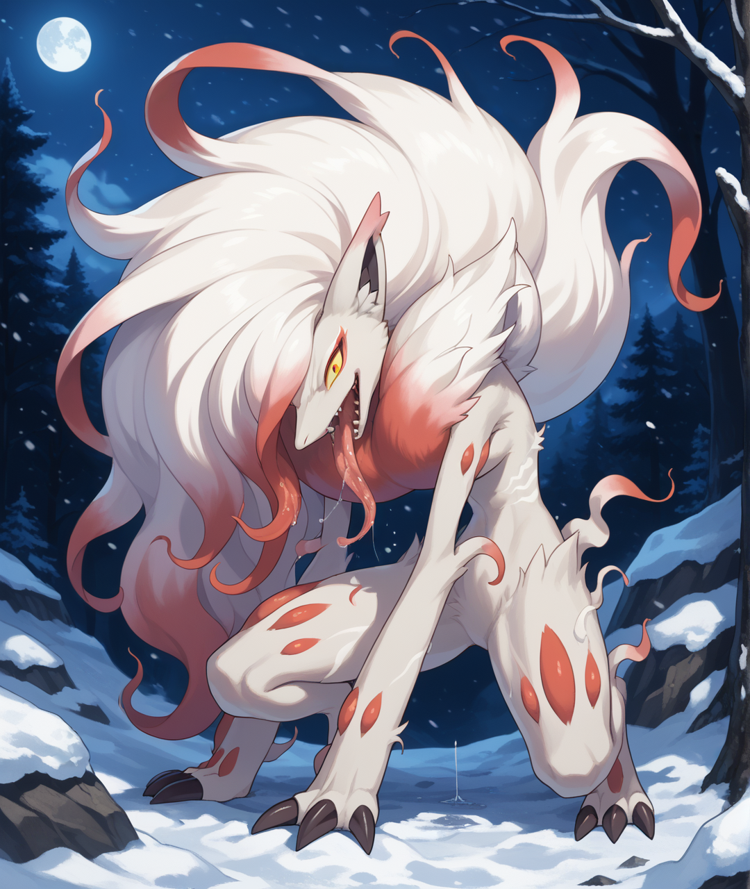 score_9, score_8_up, score_7_up, source_anime, outdoors, night, moonlight, snow, black theme, full body, hisuian zoroark, pokemon, (creature), fox ears, inner ear fluff, yellow sclera, red eyes, skinny, small waist, multicolored hair, white hair, hair over one eye, white fur, body fur, fluffy, chest tuft, two-tone fur, claws, claw pose, flowing mane, hair flowing over, shaded face, fox shadow puppet, dark magic, one knee, looking down, looking at viewer, angry, open mouth, tongue out, long tongue, saliva, saliva drip, sharp teeth, <lora:hisuian-zoroark-000010 8-4:0.8>