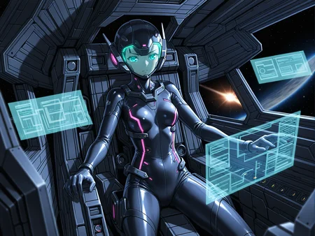 scenery, science fiction, future, space, 1girl, close-up, cowboy shot, headgear, bodysuit, sitting cockpit seat, (narrow cockpit:1.2), translucent parts, determined, take control, floating holographic interface, instrument, glowing, cable, spacecraft, fighter, machinery, reflection, oil film, dark theme, (vivid color light:1.2), (blurry:1.2), holographic interface, blurry foreground,