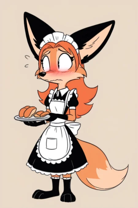 4utumn_p, (solo), petite, small, black arm, fox tail, fox, body fur, sketch,
full body, animal nose, snout,
orange hair,
maid uniform, apron, holding plate with food, looking away,embarrassed, 
 <lora:Autumn_from_Precocious-000006:0.7>