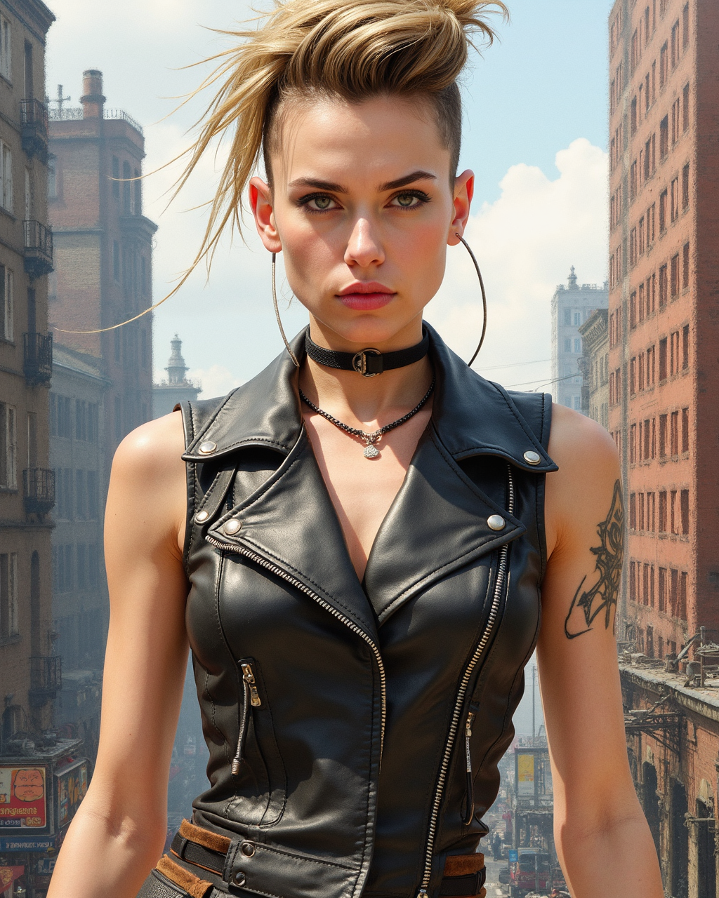 punk woman in leather vest with hair shaved on sides and spiked on top, tough in industrial city,  masterpiece, 2D, watercolor