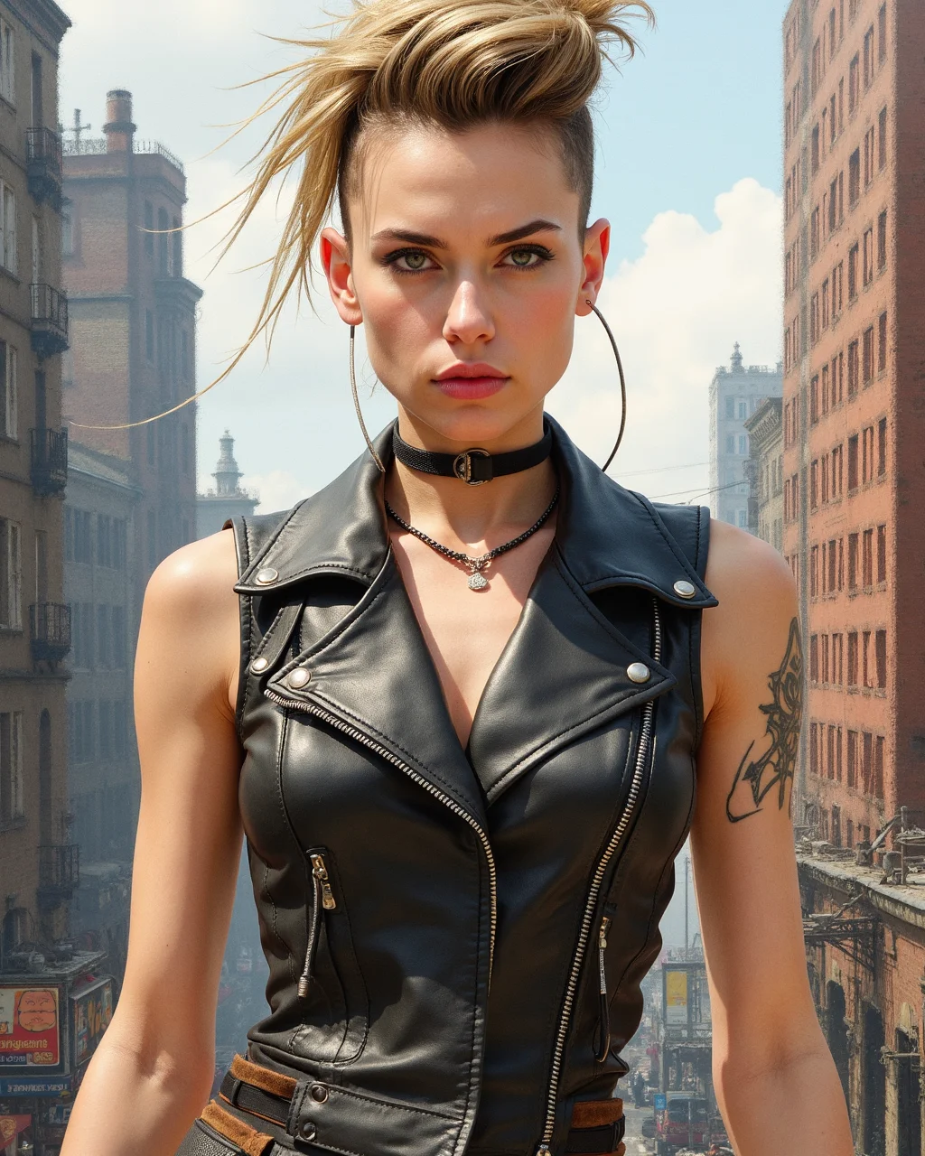 punk woman in leather vest with hair shaved on sides and spiked on top, tough in industrial city, masterpiece, 2D, watercolor