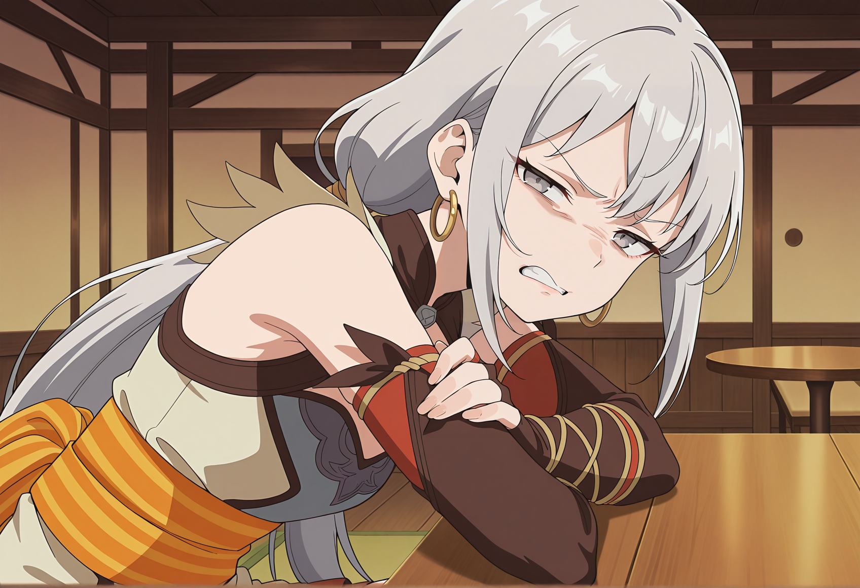 anime scoloring, anime screencap, anime screenshot, close-up, 1girl, long hair, low twintails, grey hair, grey eyes, hoop earrings, short dress, detached sleeves, fingerless gloves, sash, sitting, indoors, table, looking at viewer, disgust, half-closed eyes, clenched teeth  <lora:Marica_tierkreis_illus:1>, masterpiece, best quality, amazing quality, very aesthetic, absurdres, highres, newest
