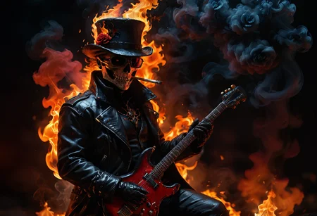 ((masterpiece)), 8k, highly detail, intricated detail, shallow depth of field, epic, HDR, vibrant color, vibrant detailed, volumetric lighting, cinematic lighting, dark, night, hard rock vibe, octane render, full body, knight jack wearing a tophat and black glasses playing guitar on fire and slowly turn into flame, smoking cigarette, cigarette, top hat with red rose, black glasses, heavy metal jacket, heavy metal pants, heavy metal boots, rocking the inferno, blue flame, red flame, smoke with a shape of black rose, <lora:zavy-cntrst-sdxl:0.9>, <lora:mini_lora:0.48>