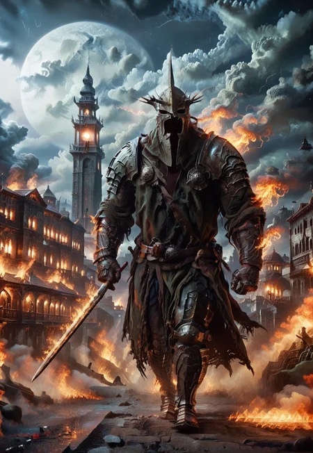 Score_9, score_8_up, score_7_up, With King hidden face, looking at viewer, armored fell beast, helmet, holding sword, nigh, clouds, ancient city, ruined city, masked warrior, mordor, solo helmet, walking, night, moon, moonlight , full body view,(holding sword, spreaded arms, t pose:1.3), flaming sword, f1r3