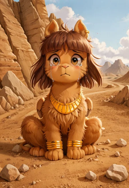 full body, ((solo)), furry, fluffy, fluffy fur, perfect eyes, zPDXL3, ((action_pose:1.5)), sfw,
cute female furry feral chibi m4gp1e, sitting, sad, crying, tears, blushing, rocks, source_furry, m4gp1e, sphinx, feral, jewelry, bracelets, wings, smiling,
(((outside desert mountain))),
(high detailed face), (high art quality), (high detailed), 4k, (high resolution), (8k resolution), masterpiece, best quality, ((scenery)), detailed background