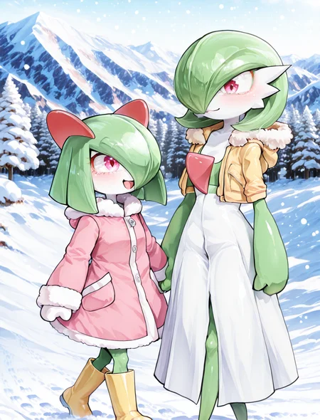 (2girls:1.5), (general:1.3), (detailed background:1.5), <lora:CoutureCraze_IXL:1> C0utur3Cr4z3, snow, mountain, tree, snowing, happy, footprints, holding hands, height difference, (looking at another:1.2), BREAK
<lora:Gardevoir_-_V3_Natural:1> (((gardevoir))), female, Anthro, ((pale white skin)), coat, fur-trimmed coat, long skirt, long boots, gloves, BREAK
<lora:Kirlia_-_IL_Version:1> (((Kirlia))), female, anthro, jacket, hooded jacket, fur-trimmed jacket, rubber boots, mittens, BREAK
dramatic shadows, cinematic lighting, (photo background:1.1), Neromashin_Style_SKNSFW, P3ng01nd00, S0d3v111111m0, (8K resolution:1.2), (masterpiece:1.2), best quality, amazing quality, very aesthetic, absurdres, newest, (ultra detailed:1.3), (uhd:1.1), <lora:ishikeXLillokrV53P1T1:0.5> <lora:AIã¤ã©ã¹ããããã_style_illustrious_goofy:0.5> <lora:ahemaru_777:0.65> <lora:Neromashin_Style_SKNSFW:0.55> <lora:Penguindou:0.35> <lora:Sodeviiiiiimu_Style:0.4> <lora:cfg_scale_boost:0.7> <lora:Smooth_Booster_v2:0.5> <lora:StS-Illustrious-Detail-Slider-v1.0:3.0> BREAK