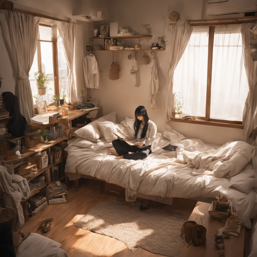 best quality, ultra-detailed,
JJROOM, scenery, indoors, window, sitting, bed, curtains, black hair, bedroom, pants, barefoot, shirt, pillow, chair, long sleeves, book, couch, table,
<lora:jyoshi_no_heya_SDXL_V1:1>