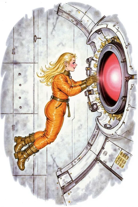 d0sn Illustration. Overhead sideview of a blonde woman dressed in a orange spacesuit and heavy boots, is carefully re-enacting the iconic scene from 2001: A Space Odyssey where David Bowman deactivates HAL 9000. Floating weightless on one side of a vast empty spacecraft, she methodically removes the components of the HAL 9000 interface, one piece at a time. The setting is tense and sterile, with bright lighting reflecting off the white sterile surfaces, capturing the eerie, unsettling atmosphere of the original scene. The red glow of HAL's eye slowly fades as the scene unfolds, highlighting the dramatic tension between human and machine <lora:d0sn_illus7_cap_d6a3:1.0><lora:806131203867569700:0>