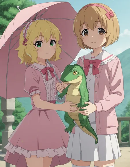 score_9, score_8_up, score_7_up, best quality,  4k, prefect lighting, rating_explicit,newest,official art,looking at viewer,upper body,smile, flat chest,outdoors,day
ADDCOMM
2girls, skrmomoka_CC,sakurai momoka, blonde hair, green eyes, bangs, short hair,wavy hair, pink dress,frilled skirt, pink umbrella,holding umbrella ADDCOL
2girls, kgkoharu_AA,koga koharu,short hair, brown eye,blonde hair, bangs,hair bow,pink cardigan,white skirt,white thighhighs,holding animal, holding,animal, iguana
<lora:U149ALL_pony_v1-000040:0.6> <lora:sdxl_lightning_8step_lora:1>