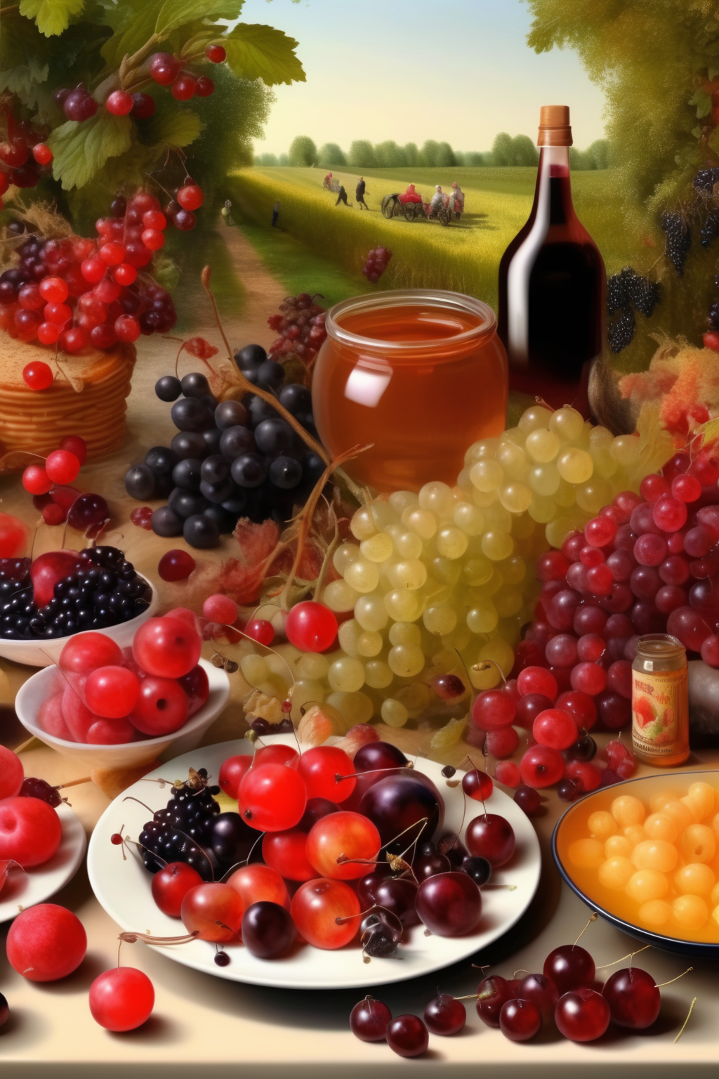 <lora:Jan Brueghel Style:1>Jan Brueghel Style - ery big salad of Currant Almond Chokeberry Cornelian cherry Common bergamot plant Honey berry Japanese kwee 6 dutch farmers having picknick around table in foodforrest high quality high detail in style painter Rembrand van Rijn