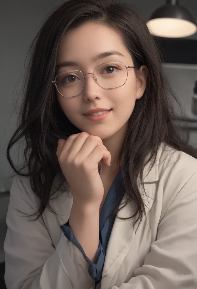 hyperrealistic, glamorous photo, masterpiece, stunning, best quality, RAW upper body shot photo of an asian woman, clear focus, pale skin, curvy, glasses, black hair, perfect face, sexy pose, wearing a white lab coat and a blue shirt, big smile, working in a laboratory, Hasselblad DLSR camera, 200mm Zeiss lens, f/2.8, detailed, realistic shadows, low light, soft natural light, Rembrandt style light, professional, high contrast, bright colors, intricate details, (high quality texture), (sharp), (artistic image), 8K, highly detailed, vivid colours, rich details,