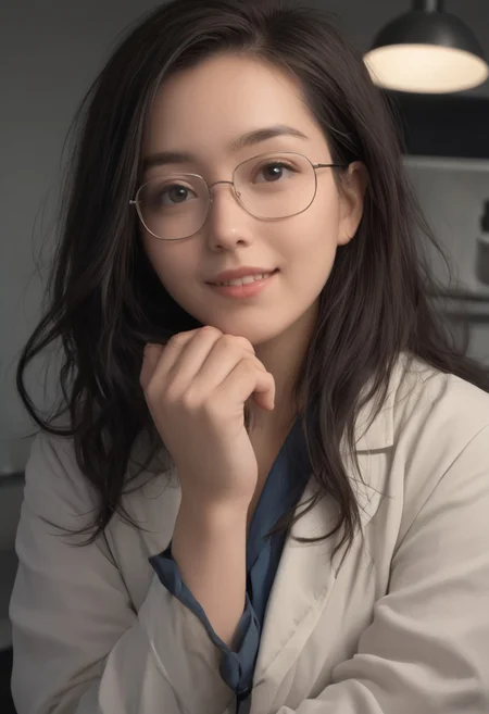 hyperrealistic, glamorous photo, masterpiece, stunning, best quality, RAW upper body shot photo of an asian woman, clear focus, pale skin, curvy, glasses, black hair, perfect face, sexy pose, wearing a white lab coat and a blue shirt, big smile, working in a laboratory, Hasselblad DLSR camera, 200mm Zeiss lens, f/2.8, detailed, realistic shadows, low light, soft natural light, Rembrandt style light, professional, high contrast, bright colors, intricate details, (high quality texture), (sharp), (artistic image), 8K, highly detailed, vivid colours, rich details,
