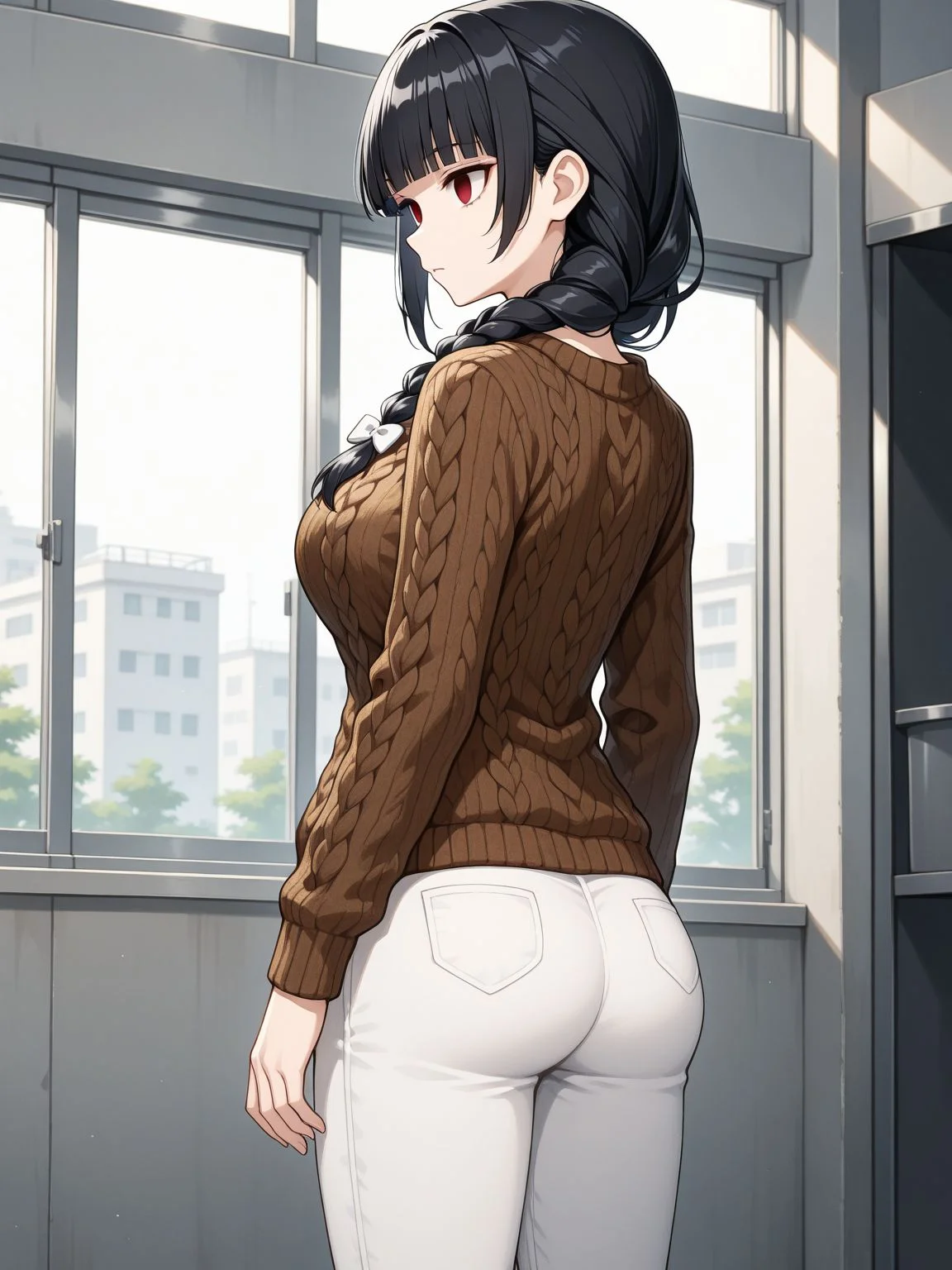 1girl,solo,<lora:Kurose_tokiko_Illustrious_V1.0:0.9>,kurosetokiko,breasts,large breasts,red eyes,empty eyes,long hair,black hair,blunt bangs,hair over shoulder,braid,single braid,white bow,hair ribbon,hair bow,cable knit,sweater,brown sweater,aran sweater,long sleeves,pants,white pants,standing,cowboy shot,arms at sides,indoors,ass,from behind,