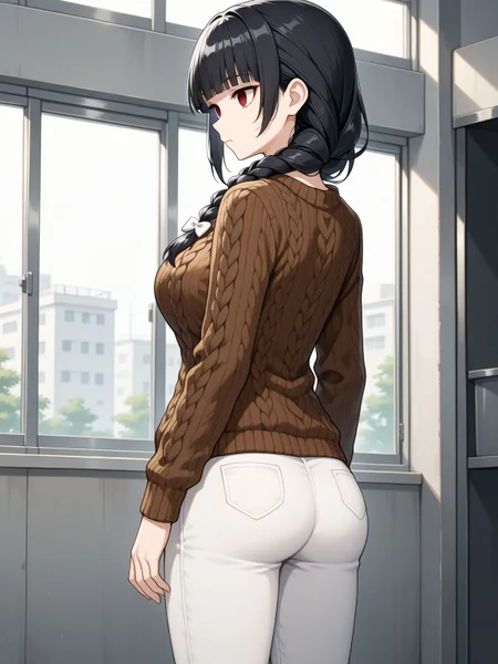 1girl,solo,<lora:Kurose_tokiko_Illustrious_V1.0:0.9>,kurosetokiko,breasts,large breasts,red eyes,empty eyes,long hair,black hair,blunt bangs,hair over shoulder,braid,single braid,white bow,hair ribbon,hair bow,cable knit,sweater,brown sweater,aran sweater,long sleeves,pants,white pants,standing,cowboy shot,arms at sides,indoors,ass,from behind,