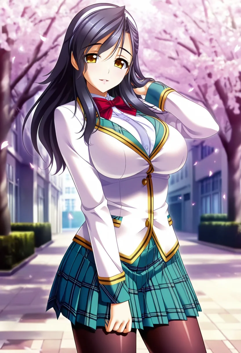 masterpiece, best quality, amazing quality,kazuha kusunoki, yellow eyes, black hair, long hair, 1girl, solo,pantyhose, school uniform,breasts, pleated skirt, large breasts,white blazer, white shirt, green skirt,plaid skirt, hairband, red bow, parted lips, light smile, standing, looking at viewer, cowboy shot, blurry background, outdoors, school, cherry blossoms <lora:kazuha kusunokiV1:0.9>