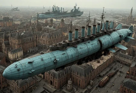 masterpiece, best_quality, very_aesthetic, highres, absurdres, ultra detailed, airship, battleship, steampunk, Victorian,
flying over Victorian city,
airship, vehicle focus, no humans, military vehicle, military, science fiction, aircraft flying, radio antenna, cannon, machinery,rocket launcher,
dark iron, (light blue vehicle),
spiral, pipe ,rivets, ,wire,