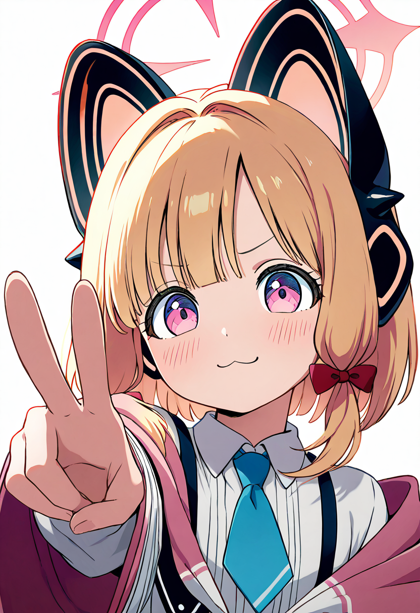 masterpiece, best quality, smile, looking at viewer,   zzMomoi, pink eyes, blonde hair, animal ears, fake animal ears, animal ear headphones, headphones, short hair, bow, halo, cat ear headphones, hair bow, red bow, pink halo, collared shirt, long sleeves, white shirt, blue necktie, white jacket, wide sleeves,  (upper body, foreshortening), :3,    ,<lora:MomoiBlueArchiveIXL:1.0>,  <lora:CitronKuroStyle_IXL:0.5>,