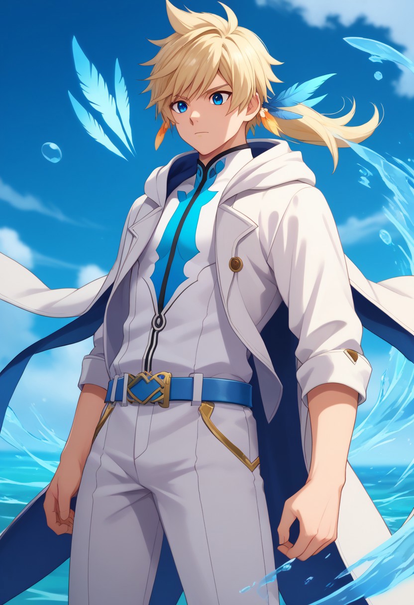 score_9, score_7_up, source_anime
sorey, 1boy, male focus, solo, blue eyes, blonde hair, long hair, ponytail, shirt, white shirt, coat, white coat, long sleeves, hood, belt, blue belt, pants, white pants, feathers, feather earrings, blue feathers, aura, magic, water,
outdoor,