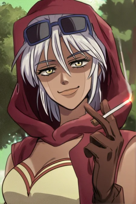 m4r1ah, score_8_up, score_7_up, source_manga, rating_safe,<lora:Jojos_Bizarre_Adventure_Mariah_-_Pony:0.8> mariah, girl, white hair, yellow eyes, tanned skin, sunglasses on head, smile expression, red cloak, short sleeves, brown gloves, yellow top, upper body, trees background, hand raised, holding cigarette,