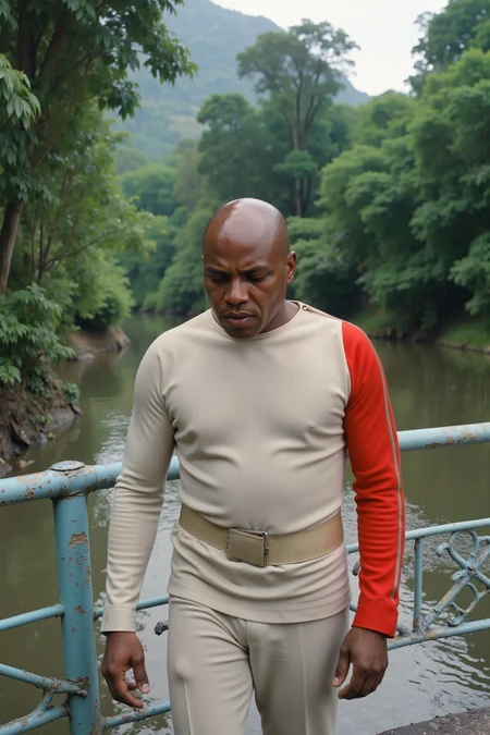 an older ghanian bald man wearing beige s1999unf with long sleeves with red left sleeve is crossing a bridge over a big river in a jungle<lora:S1999_FLUX><lora:aidmaMJ6.1-FLUX-V0.1:0.6><lora:Movie_Portrait><lora:Flux DetailerV2>