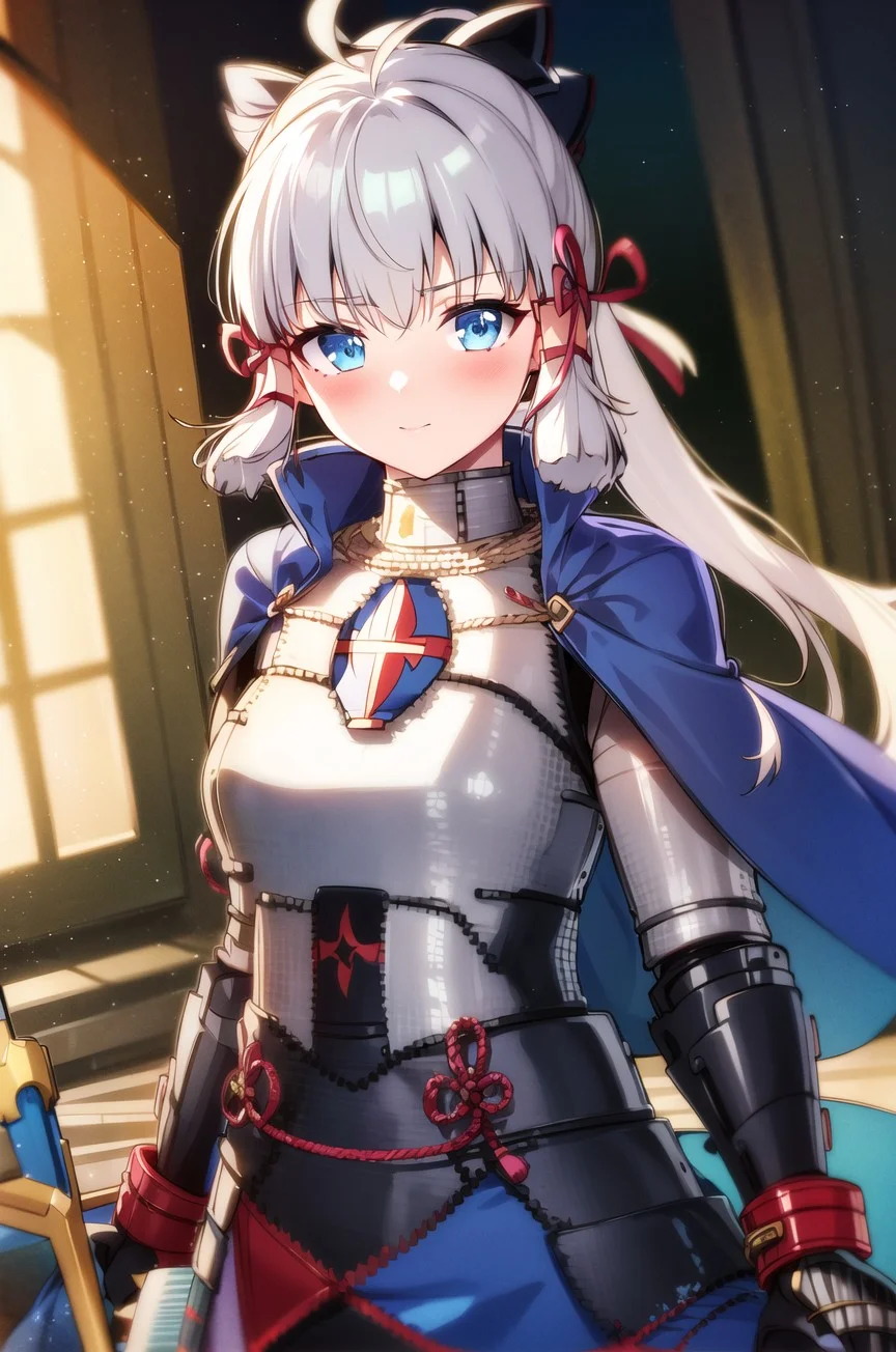 1girl, solo, weapon, armor, blonde hair, sword, green eyes, ahoge, excalibur (fate/stay night), fur trim, gauntlets, looking at viewer, armored dress, cape, blue cape, braid, blue dress, indoors, standing, dress, fur-trimmed cape, ribbon, hair between eyes, hair ribbon, breastplate, sidelocks, closed mouth, (masterpiece,best quality)