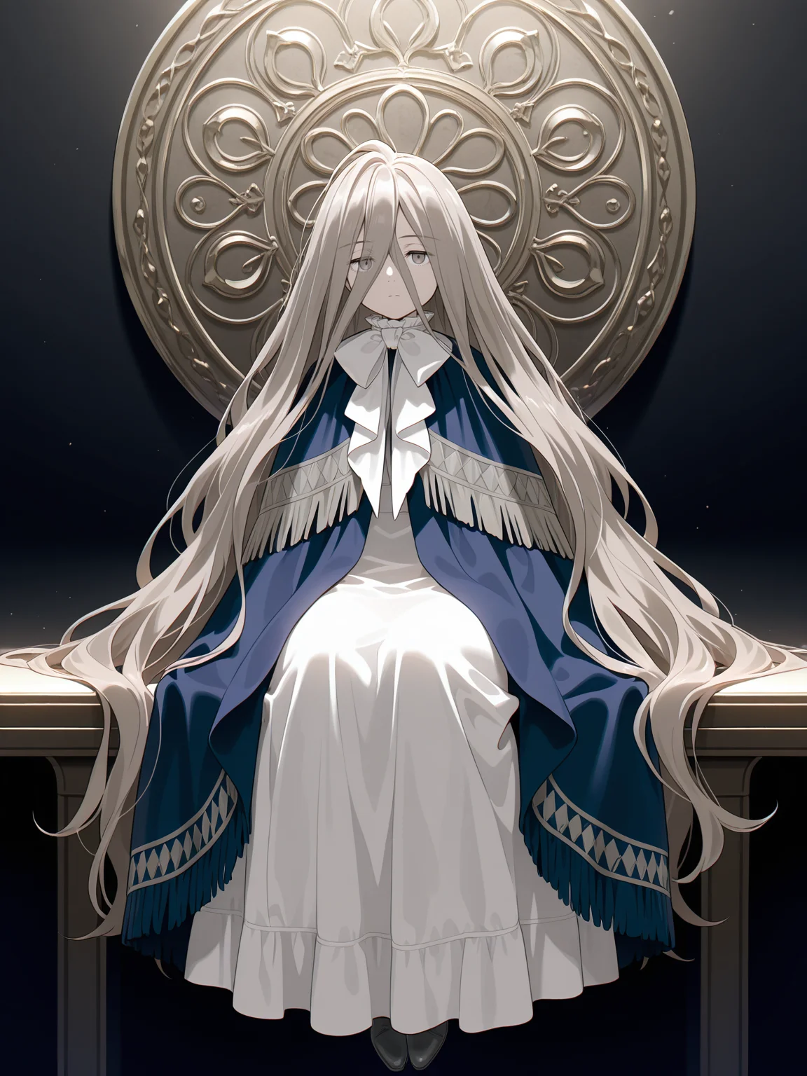 Sense,Sense,solo,dress,looking at viewer,sitting,capelet,expressionless,bow,closed mouth,full body,long sleeves,blue shawl,grey eyes,