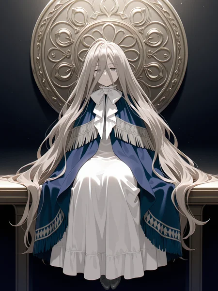 Sense,Sense,solo,dress,looking at viewer,sitting,capelet,expressionless,bow,closed mouth,full body,long sleeves,blue shawl,grey eyes,