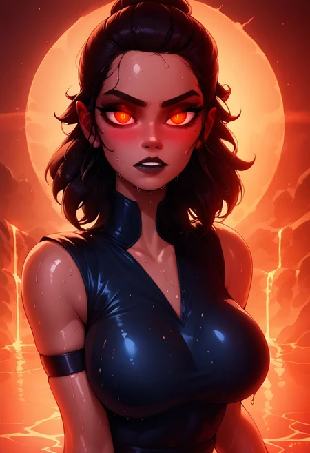 score_9, score_8_up, score_7_up, zPDXL2, source_anime, sith outfit, black robes,
Rey, 1girl,  solo, brown hair, brown eyes,sleeveless, black clothes, 1girl, alot of cleavage, solo,looking at viewer, large breasts, breasts, upper body,skindentations, blushing, seductive eyes, red glowing eyes, glowing eyes, seductive, oiled body, evil temple in background, sith temple, lava in background, wet body
 <lora:leiaxl-000006:0.6>    <lora:princess_xl_v2:1>