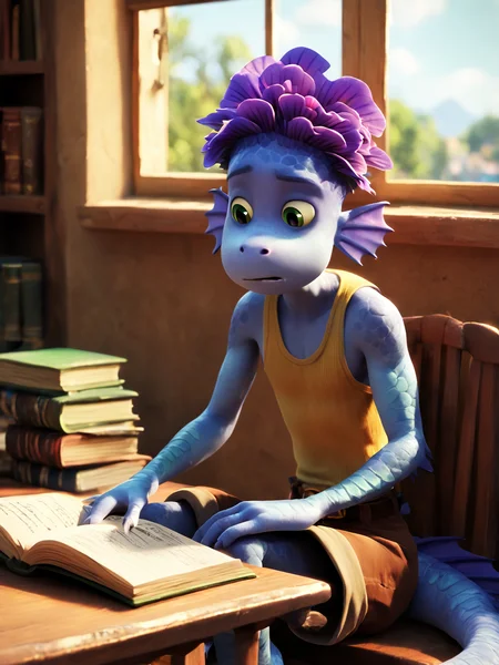 score_9, score_8_up, score_7_up,  score_6_up, BREAK, monstralberto, 1boy, solo, shorts, belt, tank top, brown shorts, tail, sitting on a chair, bedroom, window, read a book  <lora:MonsterAlberto:0.7>