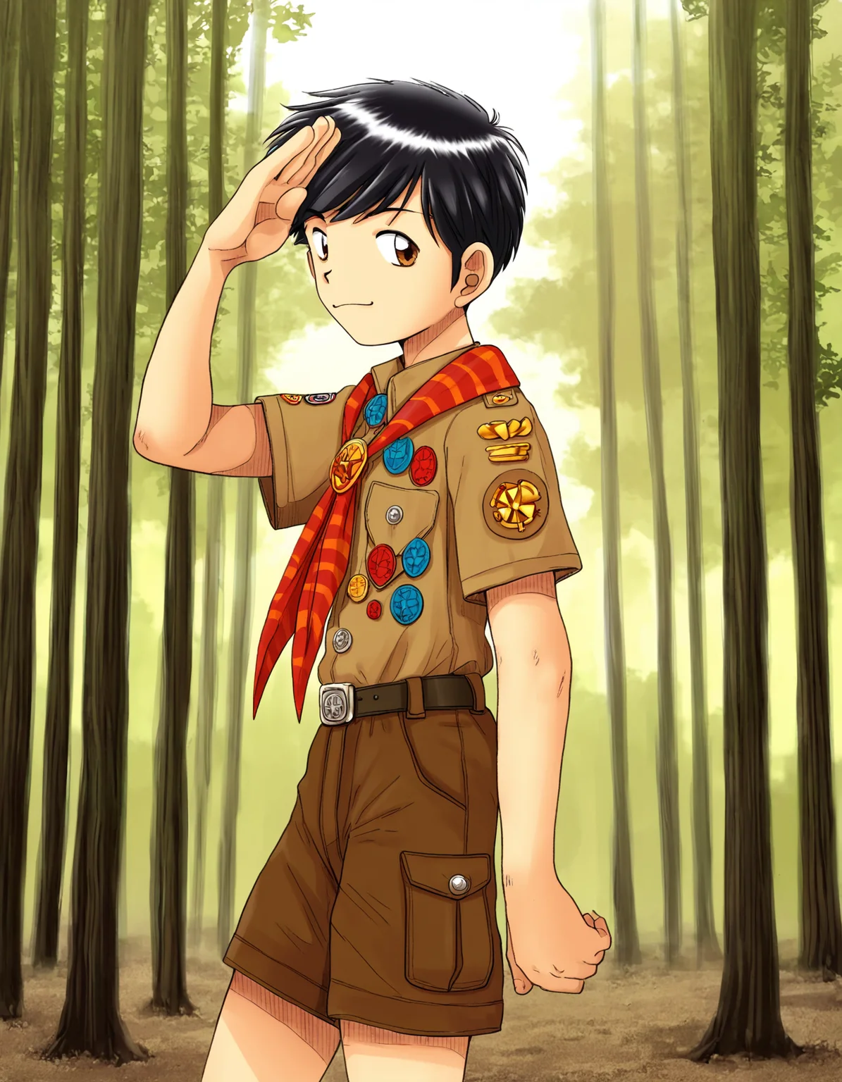masterpiece, best quality, boysfactory-style, outdoors, forest, faded background, from side, 1boy, solo, black hair, brown eyes, scout uniform, brown shirt, brown shorts, neckerchief, standing, looking at viewer, salute <lora:boys_factory_NaXLeps_v4f-ShoAI:1>