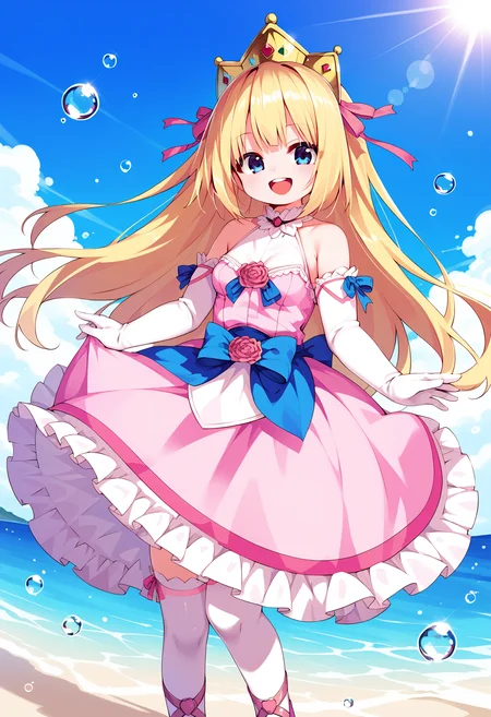 score_9, score_8_up, score_7_up,source_anime,rating_explicit,uncensored,anatomically correct,best perspective BREAK
1girl, solo, <lora:PrincessRutee:1> rutee, blonde hair, long hair, blue eyes, thighhighs, dress, pink dress, crown, gloves, elbow gloves, white gloves, ribbon, detached sleeves, pink footwear,
happy, by beach, upper teeth only, water drop, ocean, sunlight,