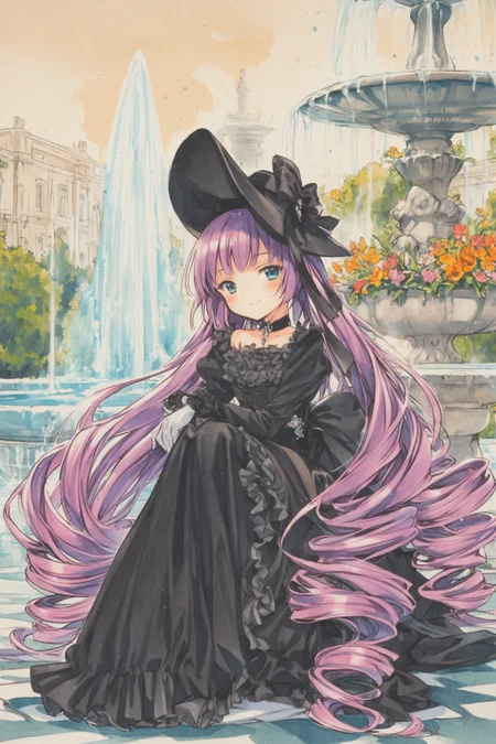 1girl,solo,black dress,hat,purple hair,very long hair,fountain,frills,drill hair,bangs,gloves,flower,smile,gown,traditional media,<lora:Hinata Takeda_XL:0.8>,