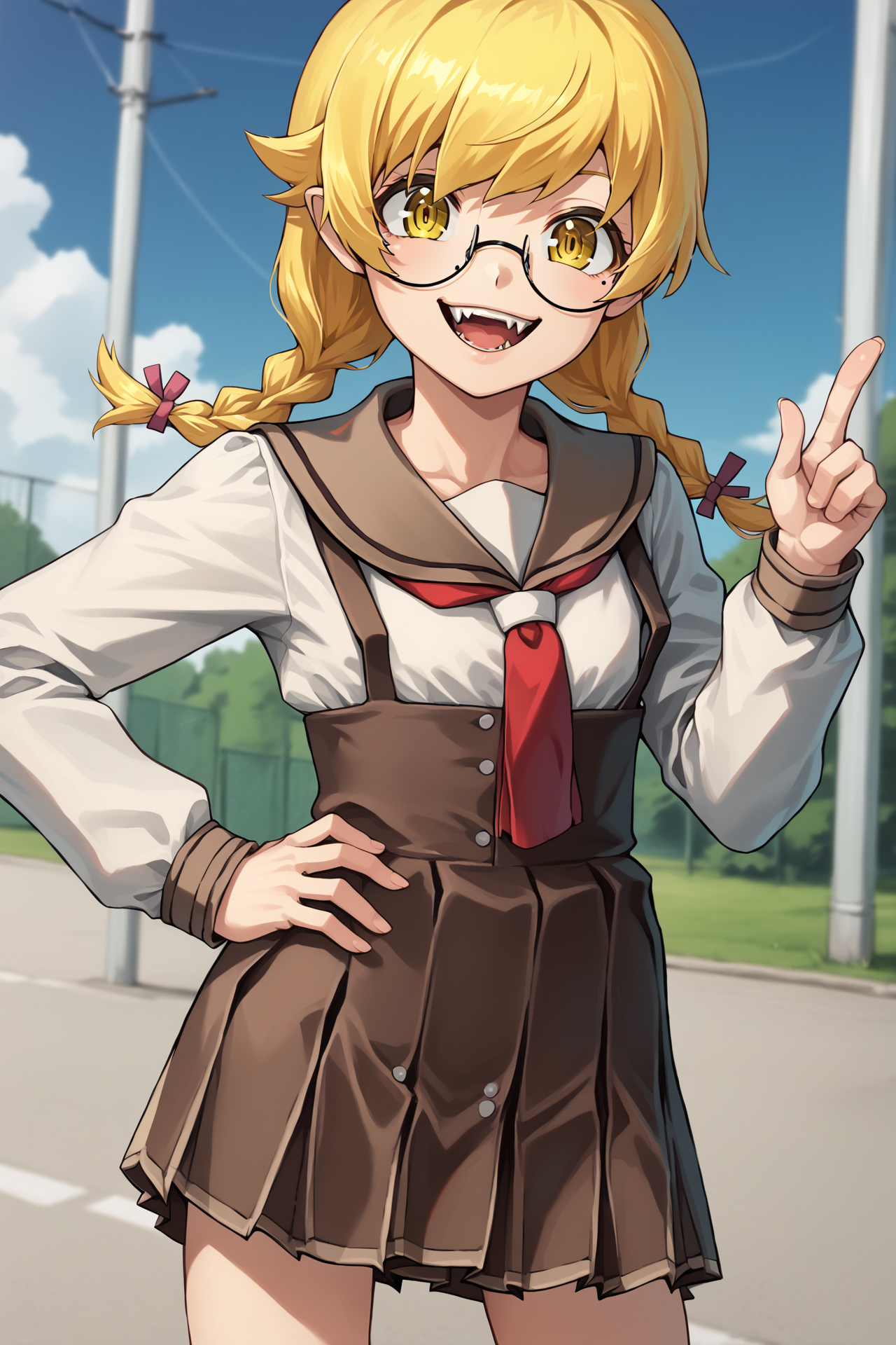 score_9, score_8_up,  solo, outdoors, school, standing, hand on hip, pointing at viewer
BREAK
1girl, oshino shinobu, blonde hair, twin braids, yellow eyes, round glasses, school uniform, long sleeves suspender skirt, looking at viewer, smile, fangs
<lora:char-shinobu-pony:1>