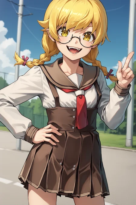 score_9, score_8_up,  solo, outdoors, school, standing, hand on hip, pointing at viewer
BREAK
1girl, oshino shinobu, blonde hair, twin braids, yellow eyes, round glasses, school uniform, long sleeves suspender skirt, looking at viewer, smile, fangs
<lora:char-shinobu-pony:1>