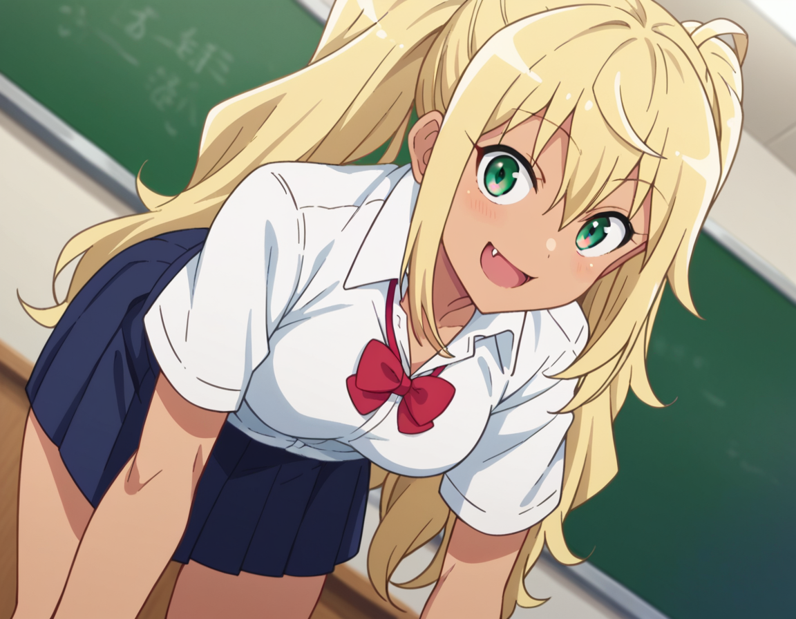 score_9, score_8_up, score_7_up, source_anime,
hibikisakura, <lora:hibiki-sakura-s1-ponyxl-lora-nochekaiser:1>
hibiki sakura, long hair, blonde hair, hair between eyes, twintails, green eyes, fang, dark skin, dark-skinned female, gyaru, mature female,
skirt, shirt, bow, school uniform, white shirt, short sleeves, collared shirt, bowtie, red bow, red bowtie,
indoors, classroom, smile, bent over,
looking at viewer, dutch angle, cowboy shot