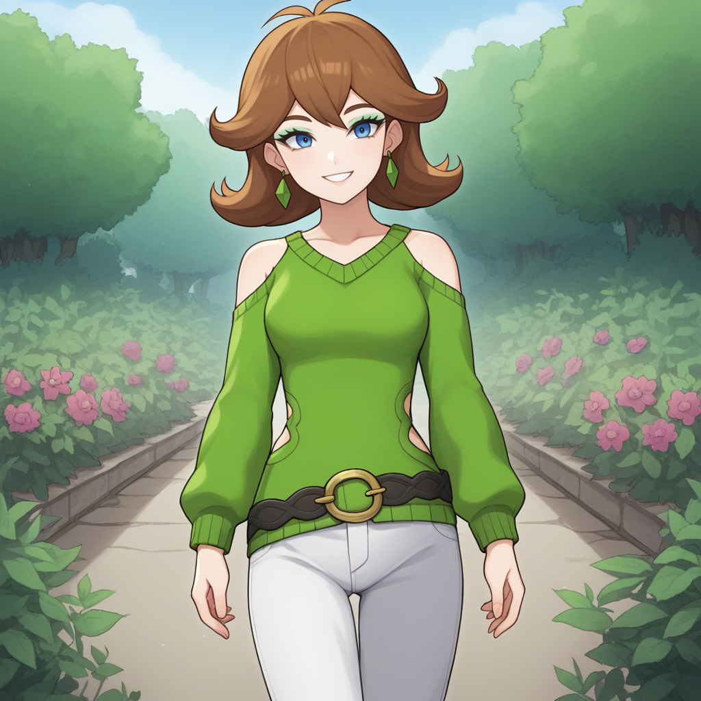 score_9, score_8_up, score_7_up, score_6_up, score_5_up, score_4_up, zPDXL2,source_anime,rating_questionable,  smile, outdoors, garden, 1girl, solo, <lora:Honey_-_Pokemon_SWSH:0.8> honey_pkmn, 1girl,blue eyes, jewelry, brown hair, earrings, flipped hair, makeup, green sweater, looking at viewer, shoulder cutout, white pants, belt